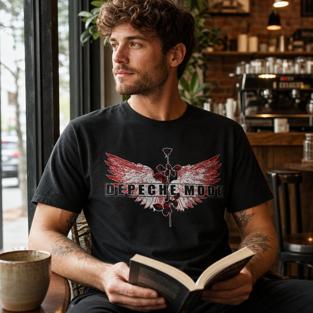 Model wearing the Depeche Mode Wings Rose T-Shirt | Band Logo Tee