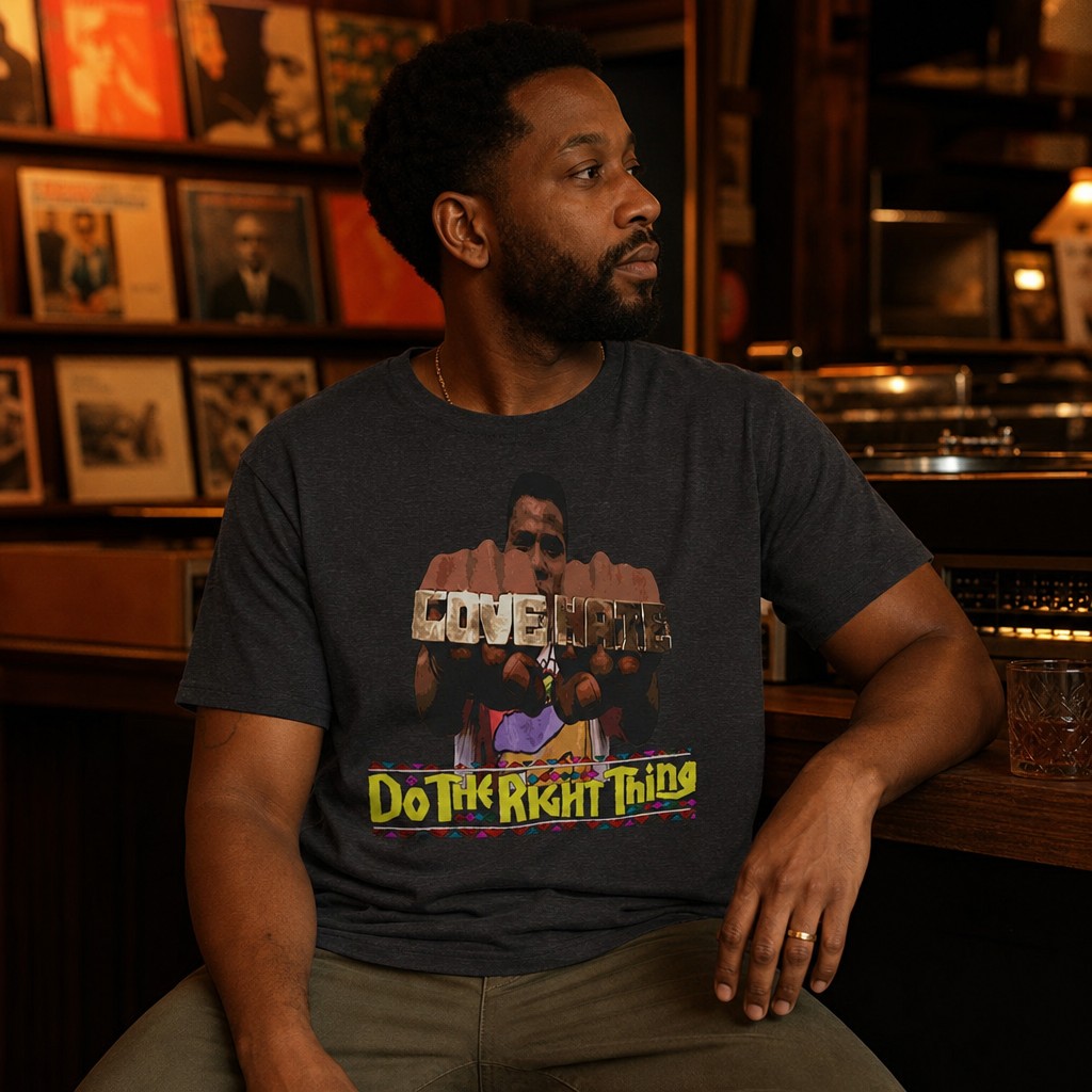 Model wearing the Do the Right Thing Movie Poster T-Shirt | Spike Lee 1989 Cinema Tee