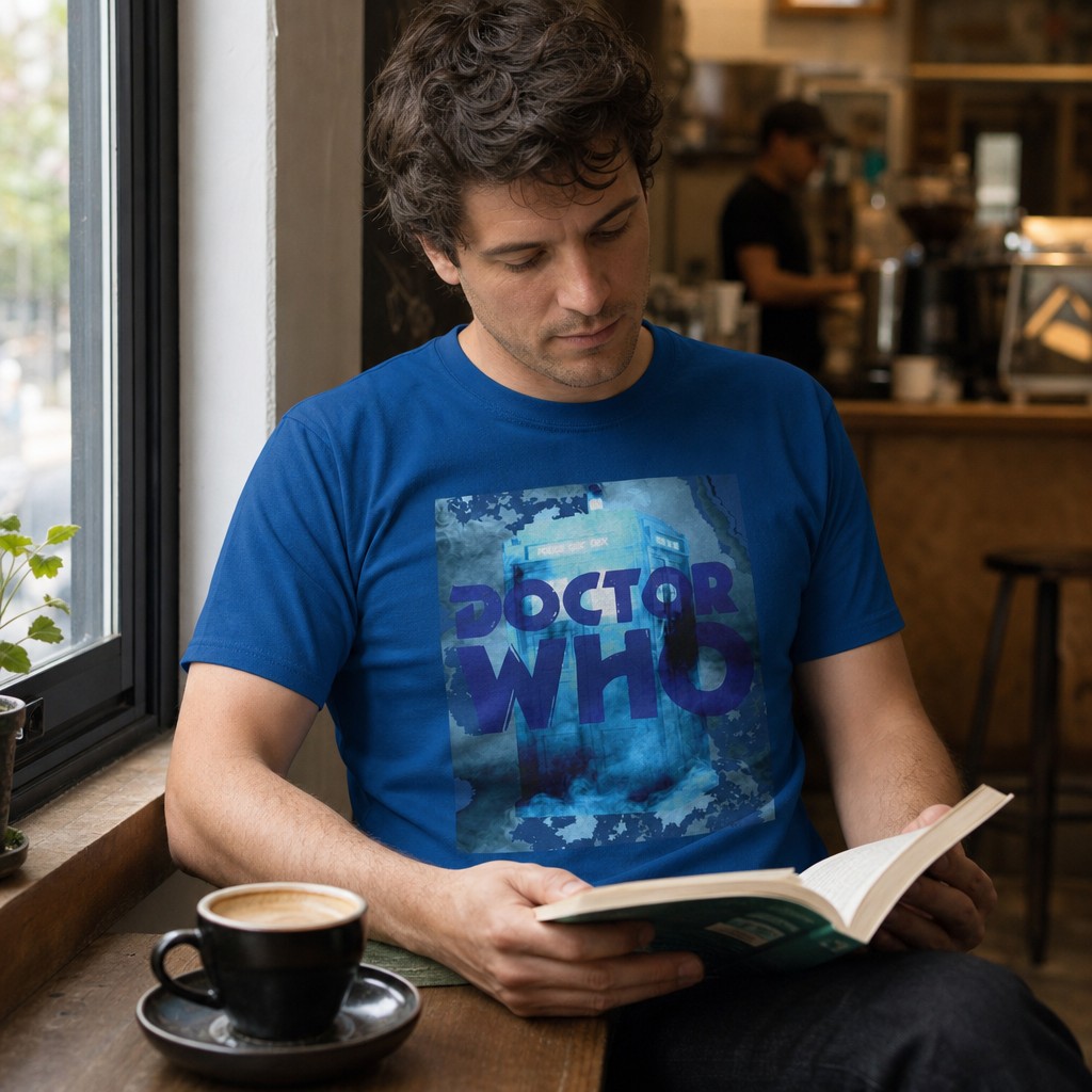 Model wearing the Doctor Who Blue Logo T-Shirt | Sci-Fi TV Series Tee