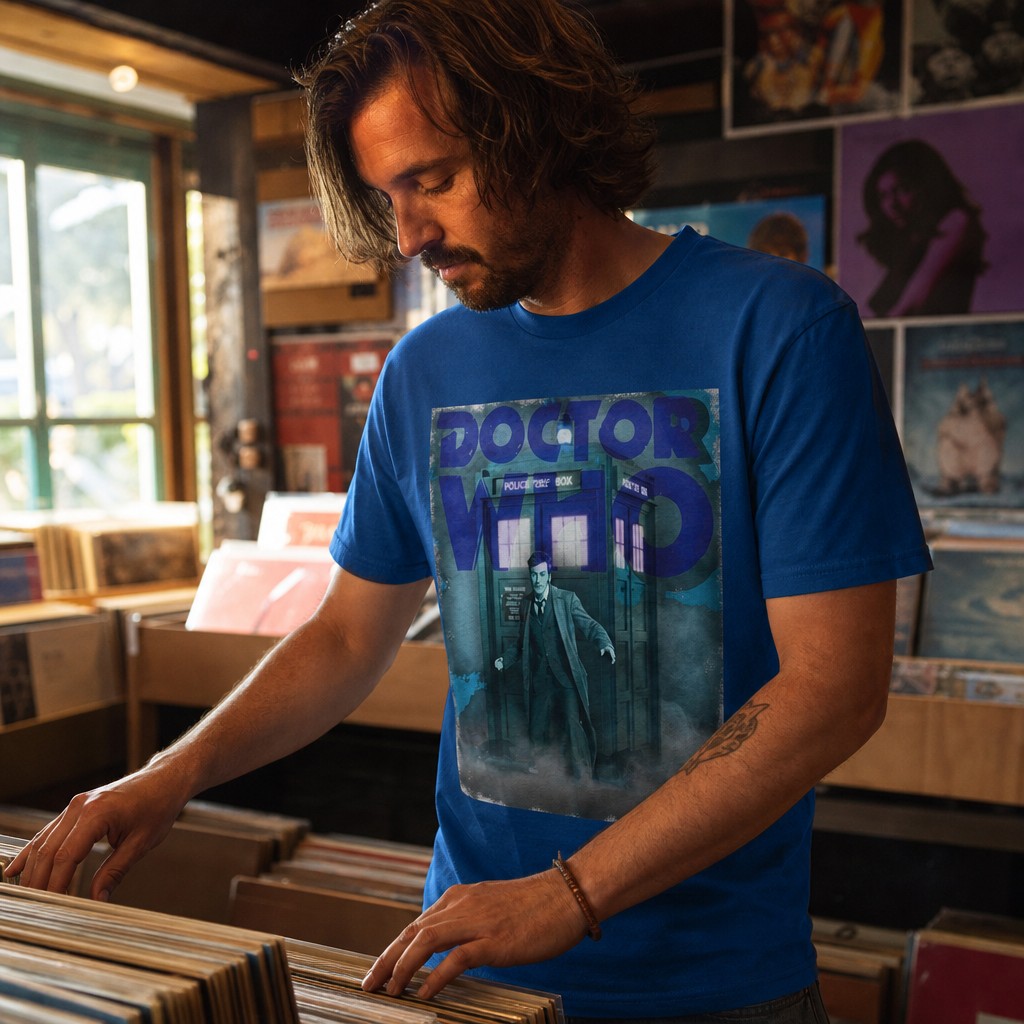 Model wearing the Doctor Who, tenth doctor T-shirt, sci-fi