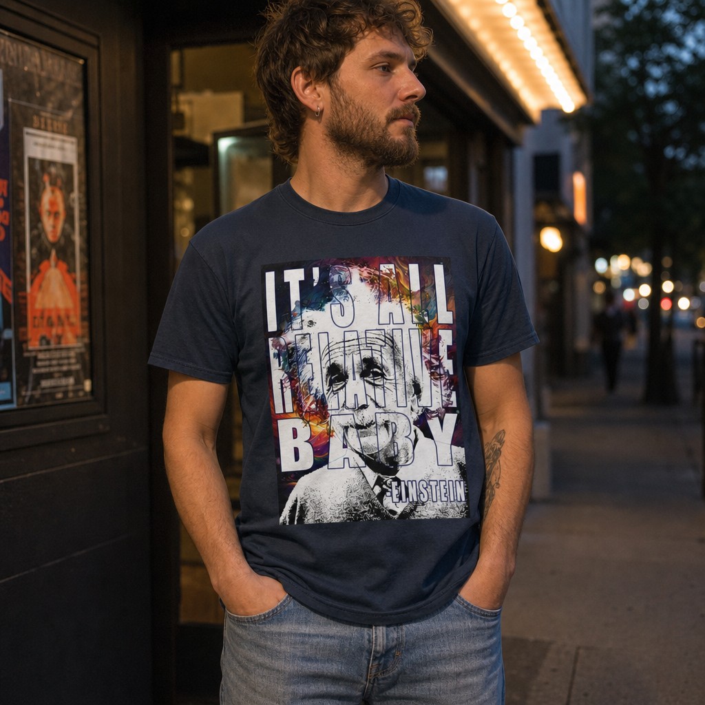 Model wearing the Einstein - Retro Pop Art 'It's All Relative, Baby' Graphic T-Shirt