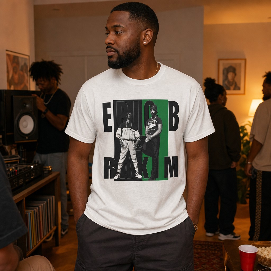 Model wearing the Eric B & Rakim Hip Hop Duo Graphic Tee | Black Green Rap Photo Print