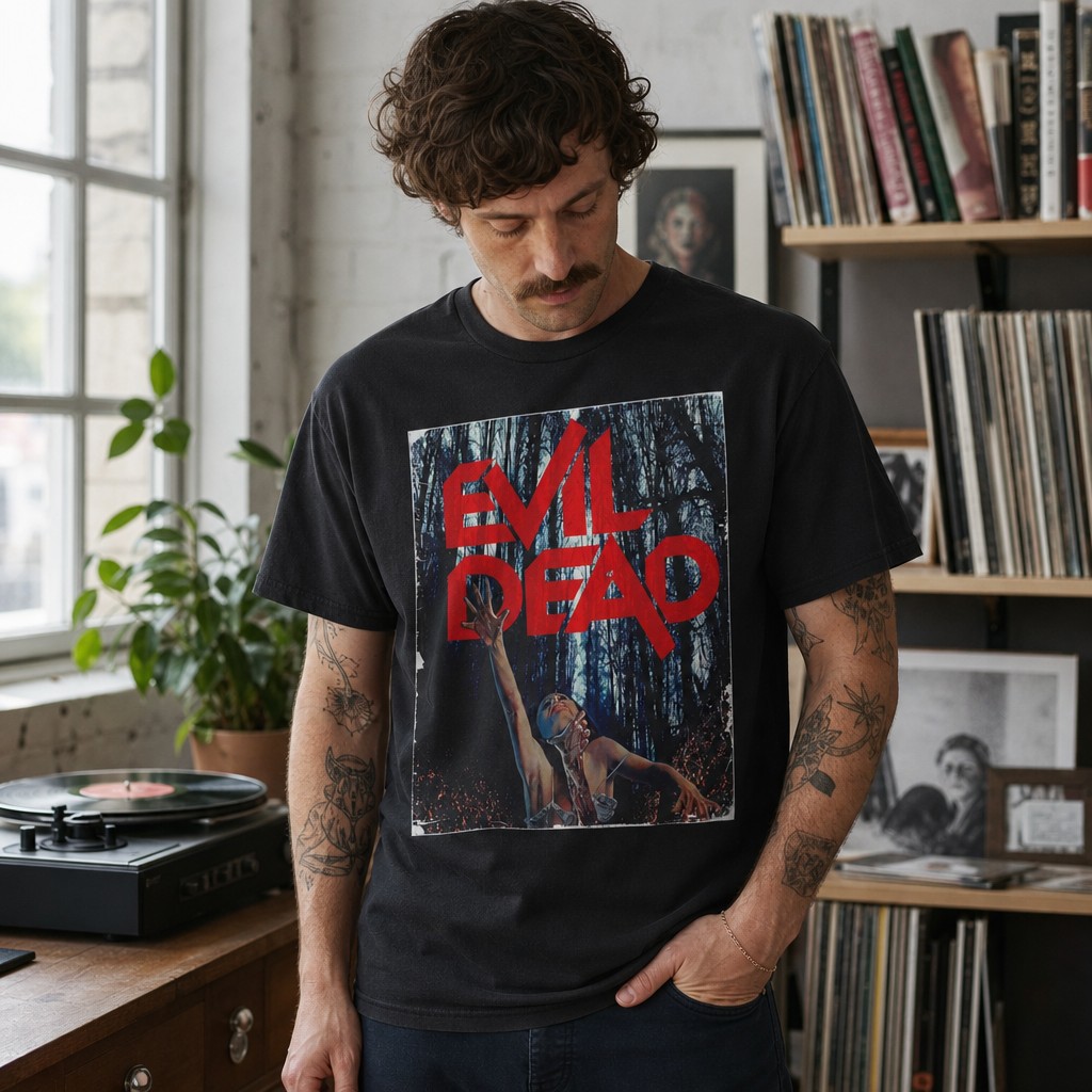 Model wearing the Evil Dead graphic Tee | Horror movie poster shirt