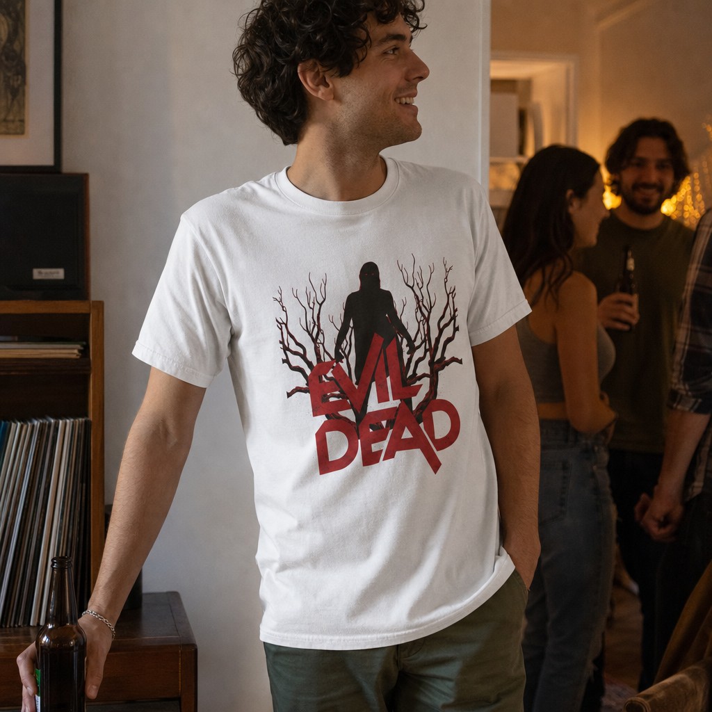 Model wearing the Evil Dead silhouette tee | Horror movie shirt, spooky tree design