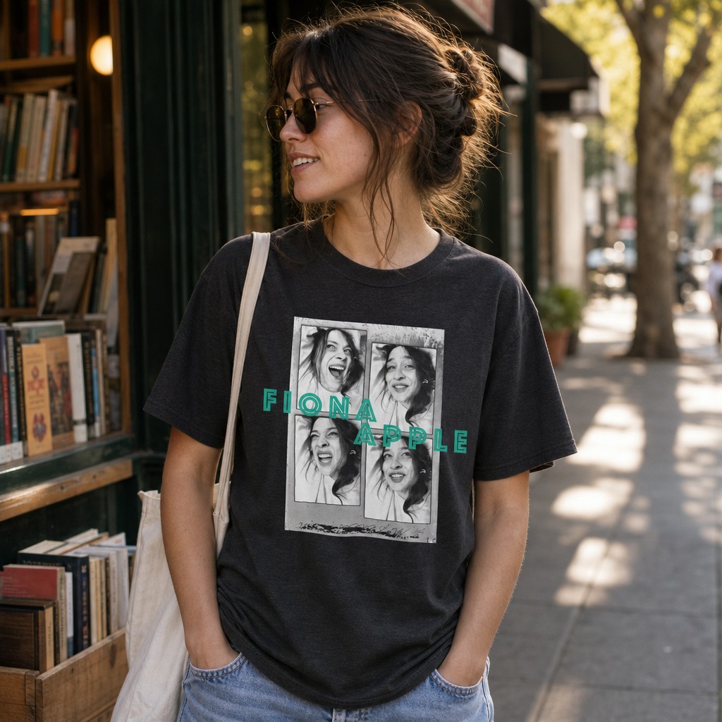 Model wearing the Fiona Apple Collage Tee T-Shirt | Portrait Music Graphic