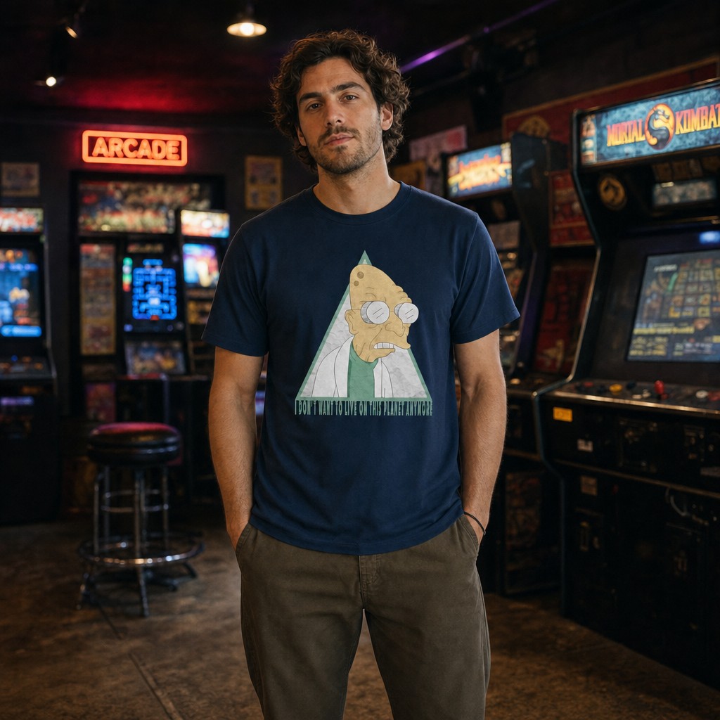 Model wearing the Futurama Professor Farnsworth triangle graphic T-shirt