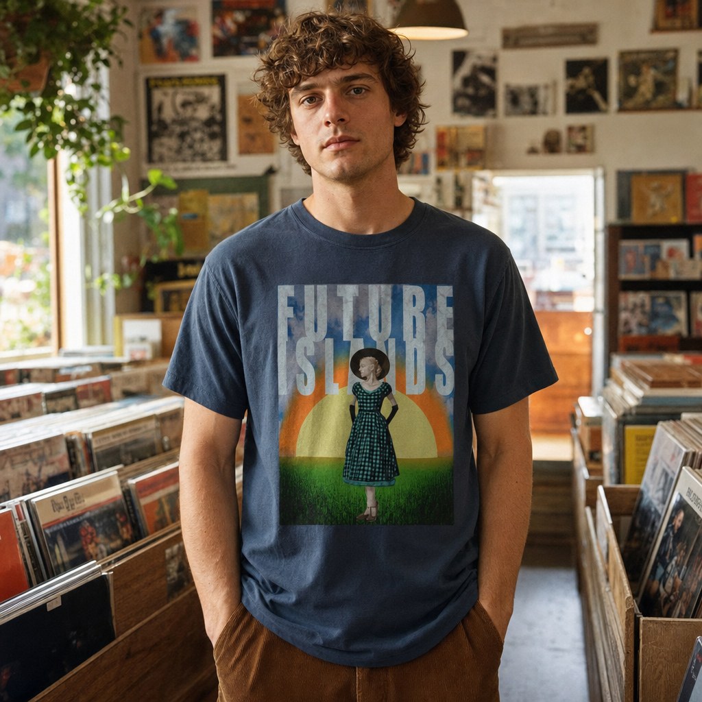 Model wearing the Future Islands retro graphic T-shirt in a record store