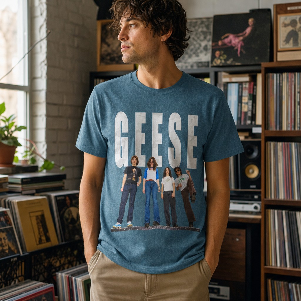 Model wearing the Geese Band Photo T-Shirt | Vintage Rock Tee, Group Photo Graphic