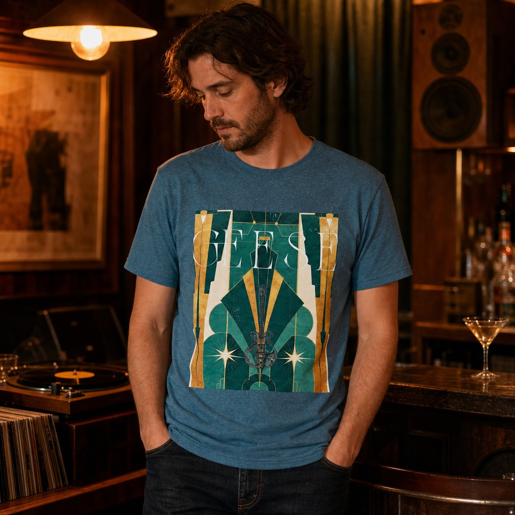Model wearing the GEESE band Tee, Art Deco Inspire Graphic Tee, Vintage Style Shirt, Retro Tee, Gift for Art Lovers, Casual Wear