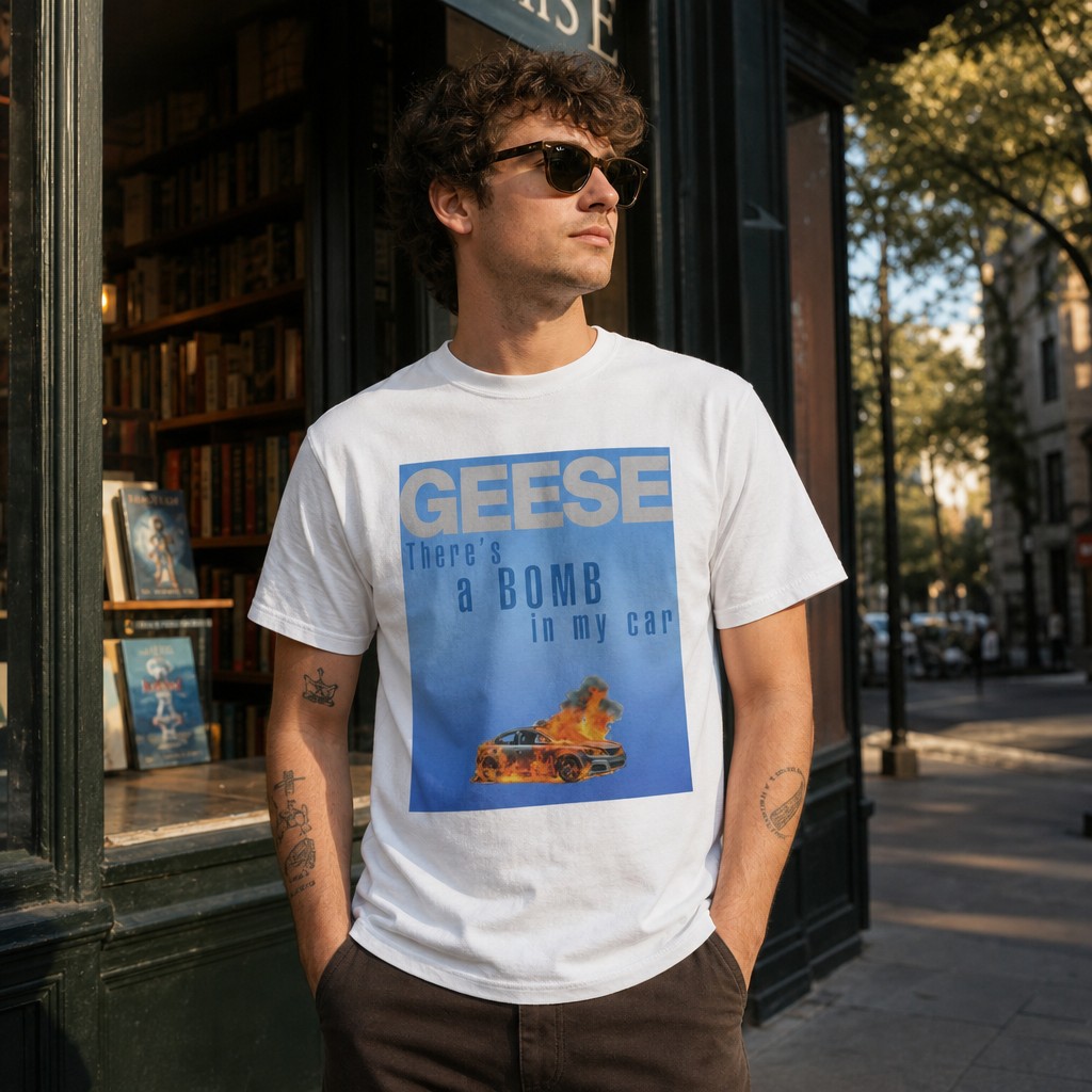 Model wearing the GEESE There's a Bomb in My Car T-Shirt | Flaming Car Graphic Tee