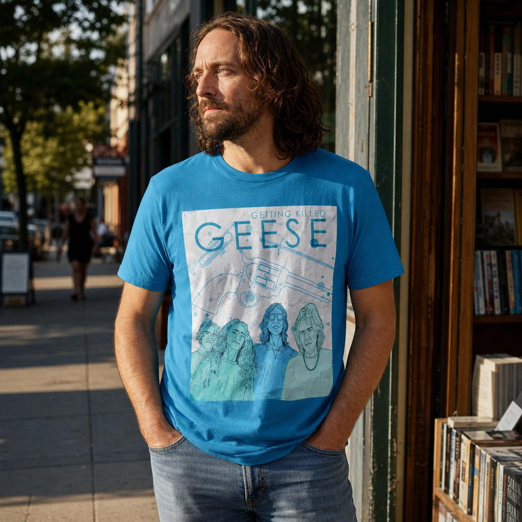 Model wearing the Getting Killed Geese band art T-Shirt | Retro portrait, blue line illustration