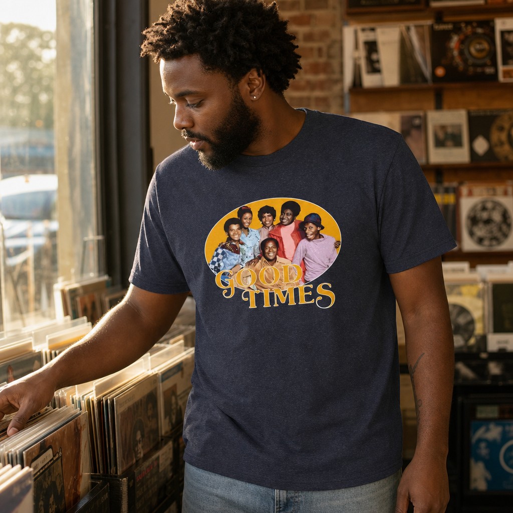 Model wearing the Good Times 70s Retro Family Portrait Tee | Vintage TV Photo