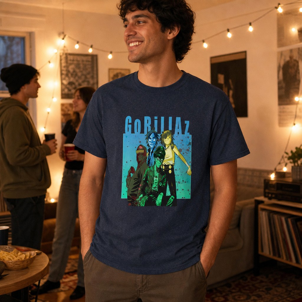 Model wearing the Gorillaz Band Artwork Tee | Animated Band Portrait, Retro Blue-Green Design