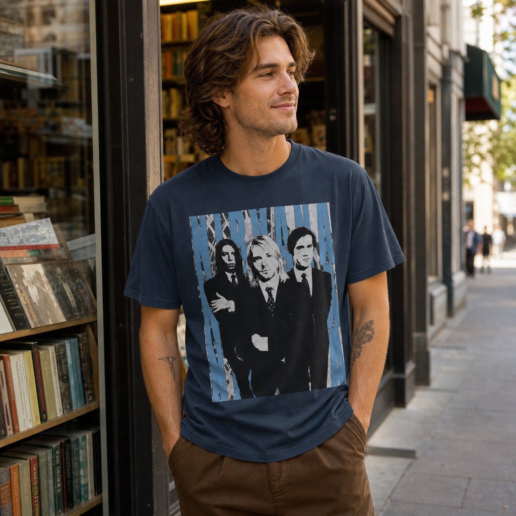 Model wearing the Grunge Band Portrait Tee — "Nirvana" Retro Rock Crew