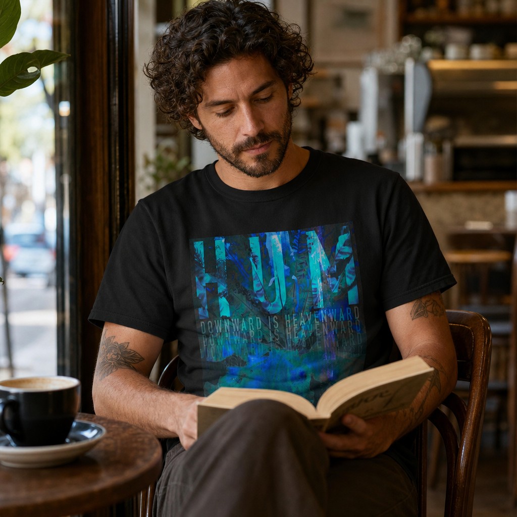 Model wearing the HUM Downward Is Heavenward Abstract Blue Ocean Art T-Shirt | 90s Indie Music Graphic