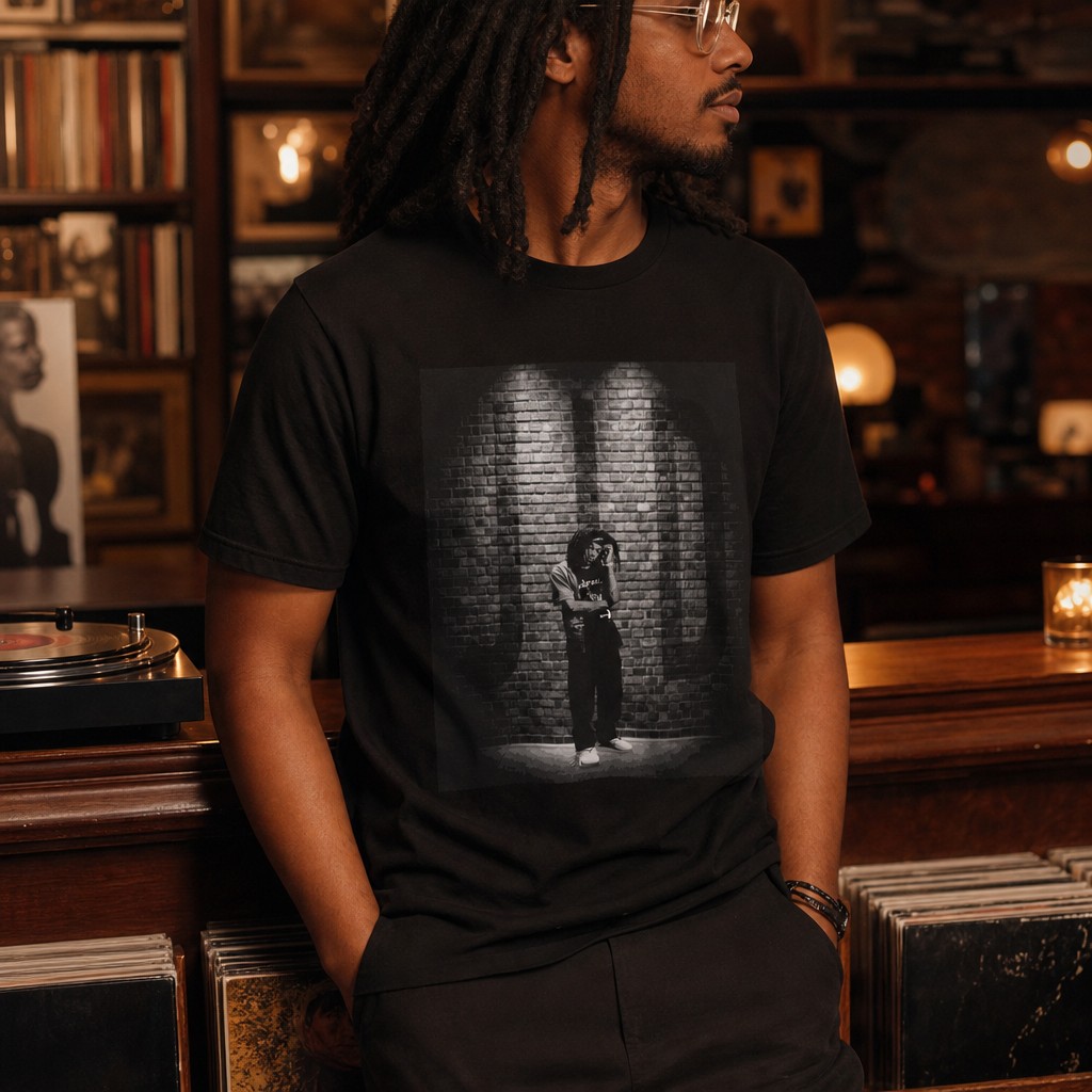 Model wearing the JID Under Spotlight Hip Hop Photo Tee | Noir Brick Wall
