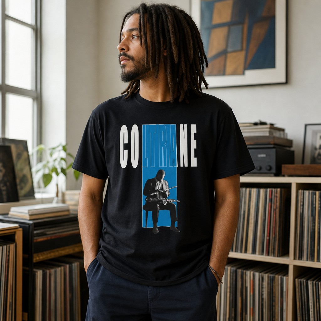 Model wearing the John Coltrane Jazz Music Graphic T-Shirt | Saxophone Portrait Tee