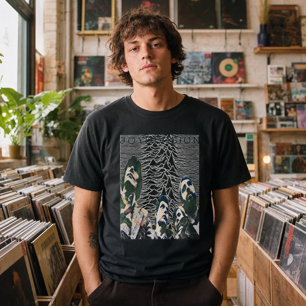 Model wearing the Joy Division graphic T-shirt in a record store