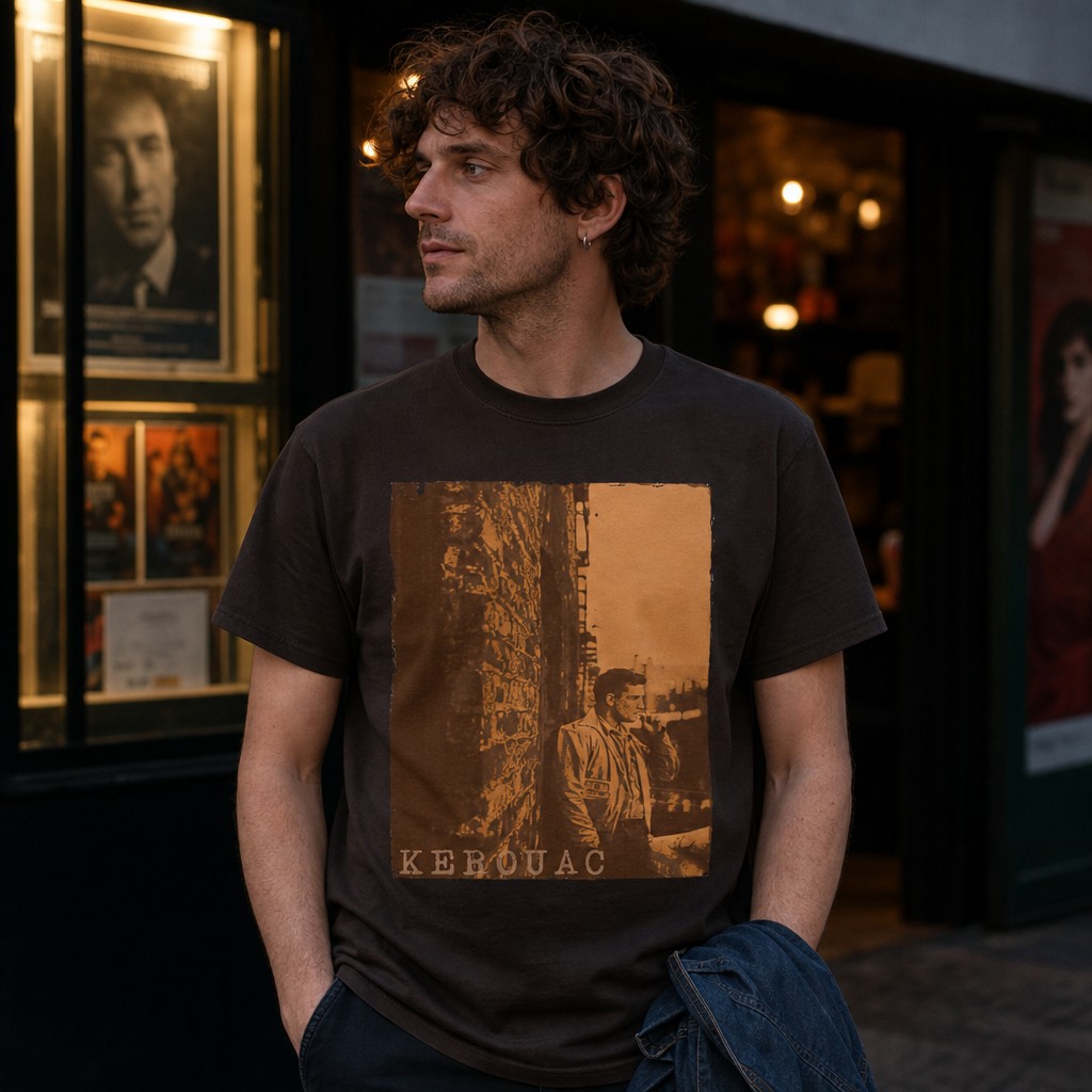 Model wearing the Kerouac portrait T-Shirt | Beat poet graphic tee, vintage sepia photo