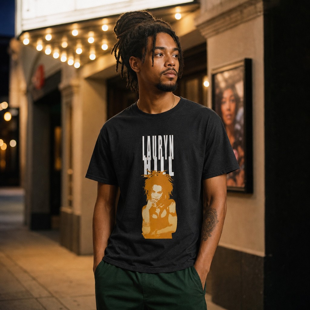 Model wearing the Lauryn Hill Portrait Tee — Retro Soul Music Hip Hop Graphic T-Shirt
