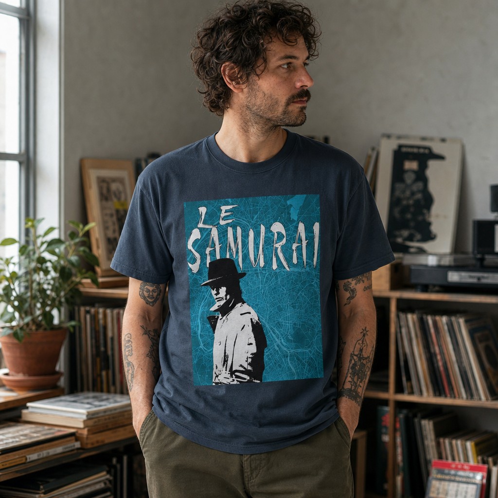 Model wearing the Le Samurai Vintage Movie Graphic Tee — Retro Blue Noir Crew