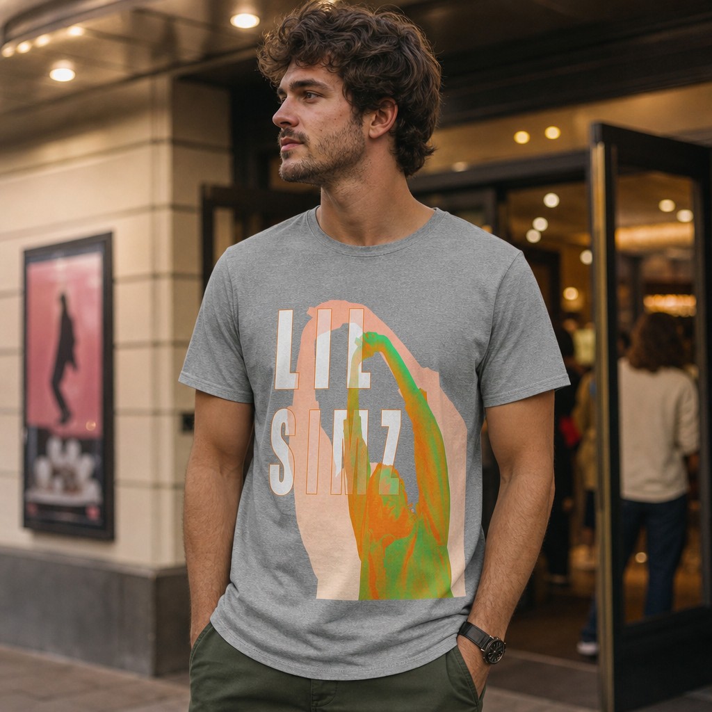 Model wearing the Lil Simz Hands Reaching Colorful Silhouette Tee | Hip Hop Rap Abstract Shirt