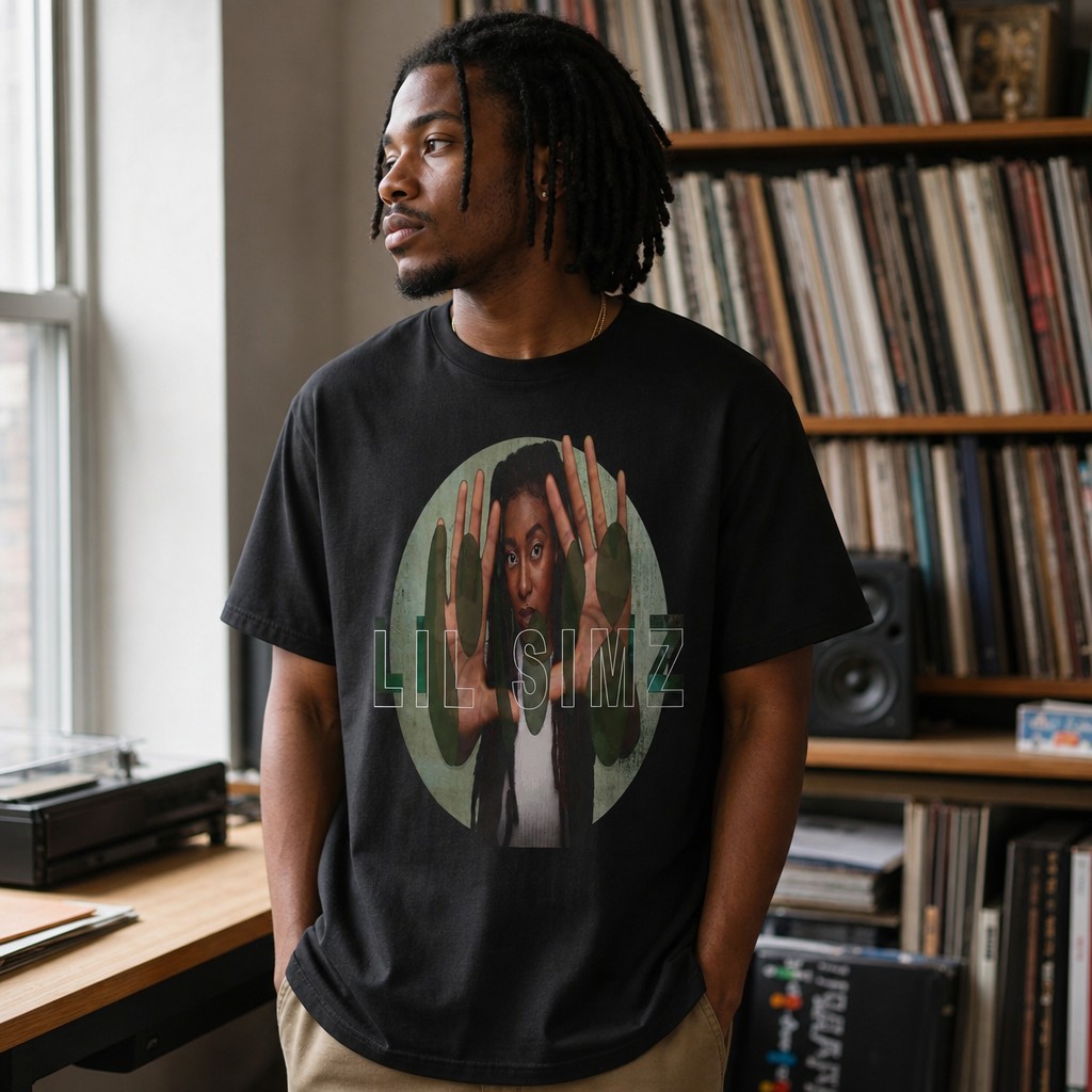 Model wearing the Lil Simz Portrait Tee | Rap Artist Graphic T-Shirt