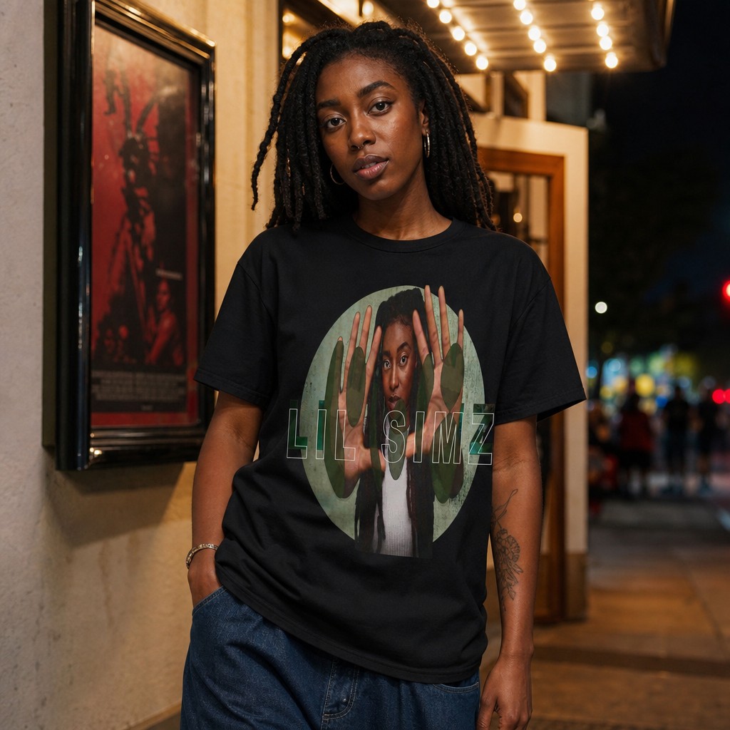 Model wearing the Lil Simz Portrait Tee | Rap Artist Graphic T-Shirt