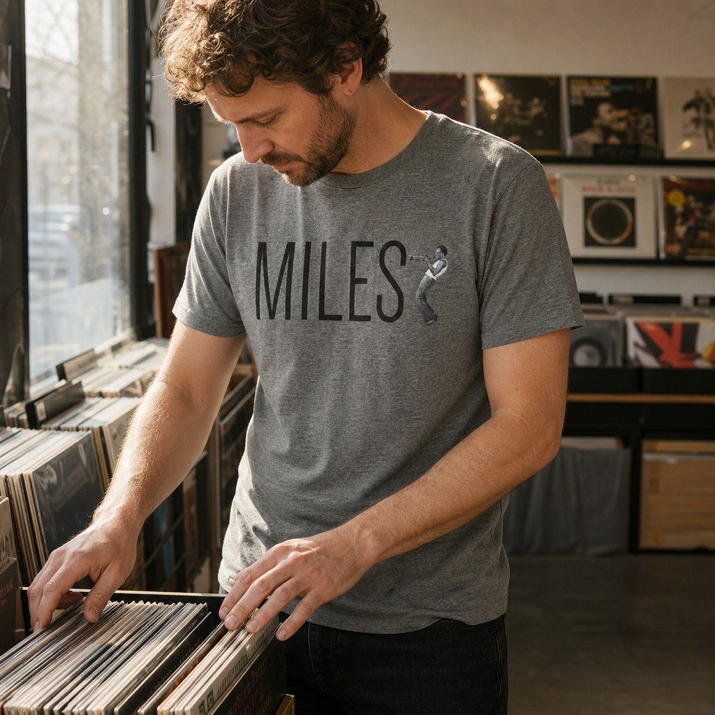 Model wearing the Miles Davis Jazz Music Unisex Tee, Vintage Minimalist Art Shirt, Cool Jazz Lover Gift, Retro Musician T-Shirt, Clean Design Top, Music