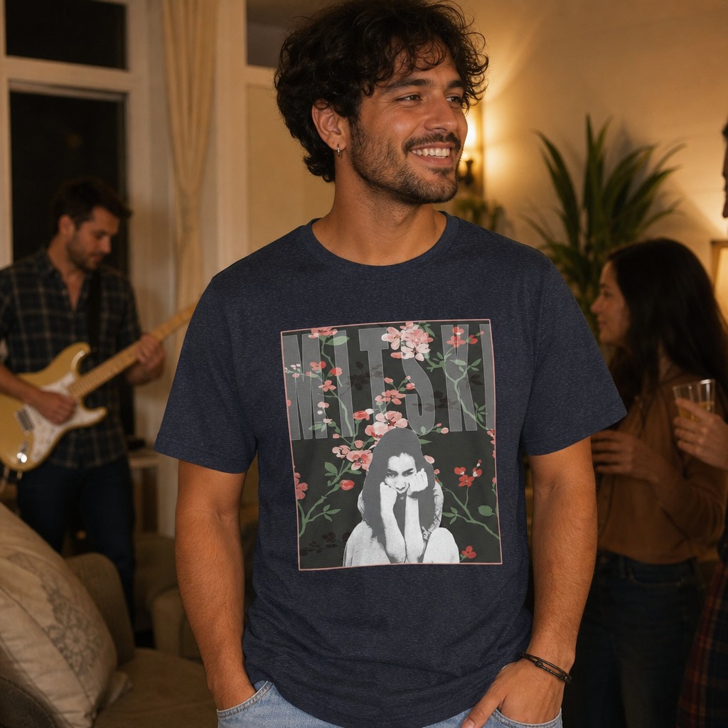 Model wearing the Mitski Floral Forest Illustration T-Shirt | Indie Rock Music Graphic Tee