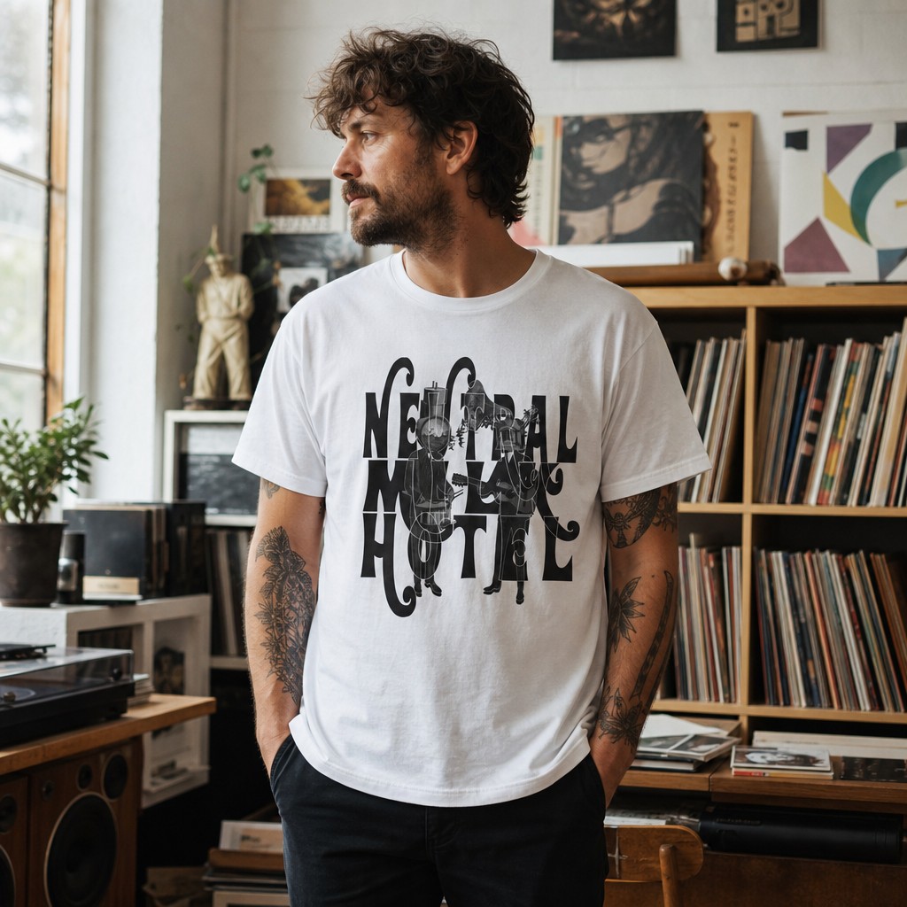 Model wearing the Neutral Milk Hotel T-Shirt | Band Logo Illustration Tee