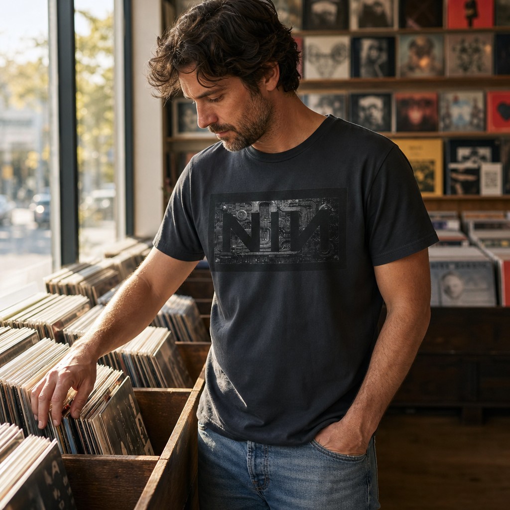 Model wearing the NIN computer wire gritty tee | Music Industrial graphic tee
