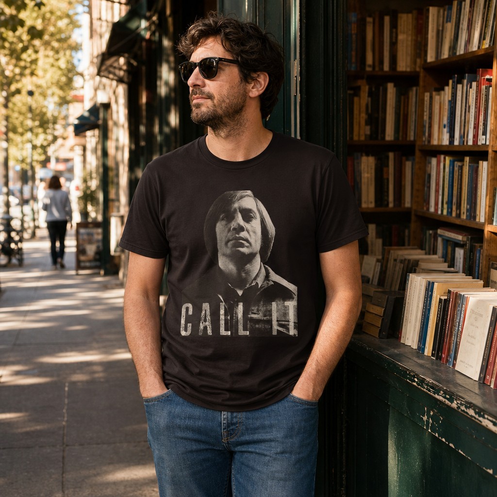 Model wearing the No Country for Old Men CALL IT graphic tee | Vintage noir film T-Shirt