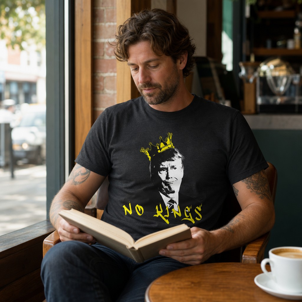 Model wearing the No Kings portrait tee | Graphic Political Satire T-Shirt