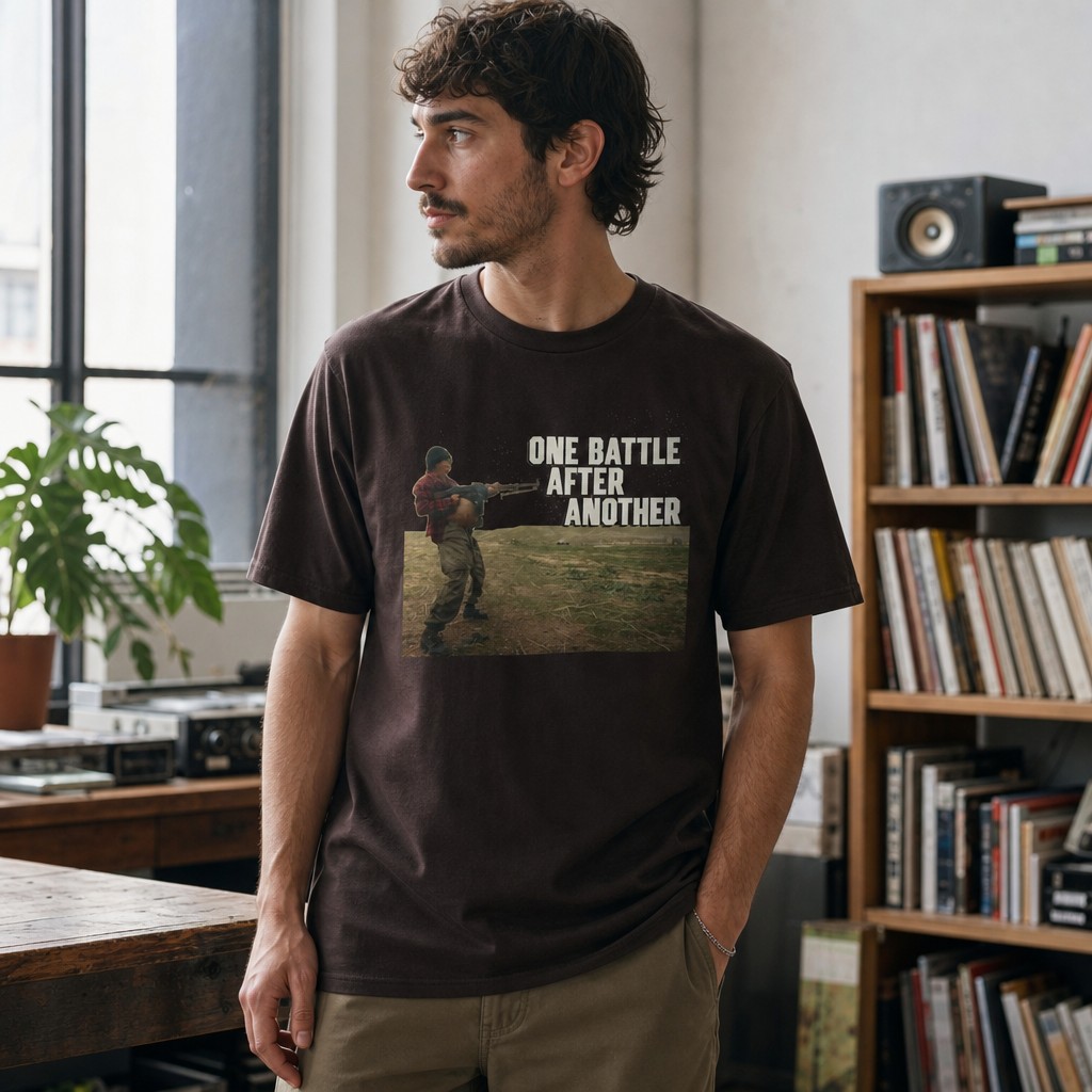 Model wearing the One Battle After Another Paul Thomas Anderson Movie Unisex Cotton Crew Tee