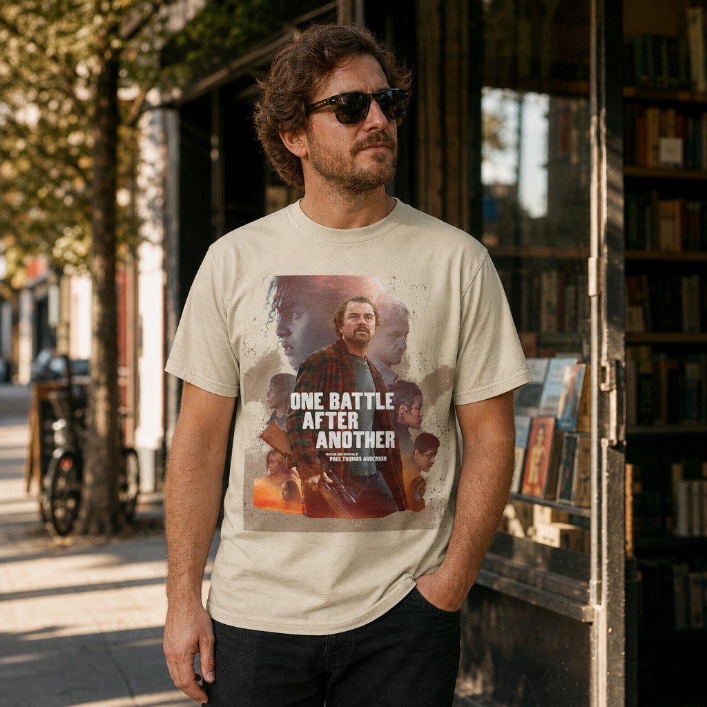 Model wearing the One Battle After Another tee | Movie Poster Graphic T-Shirt