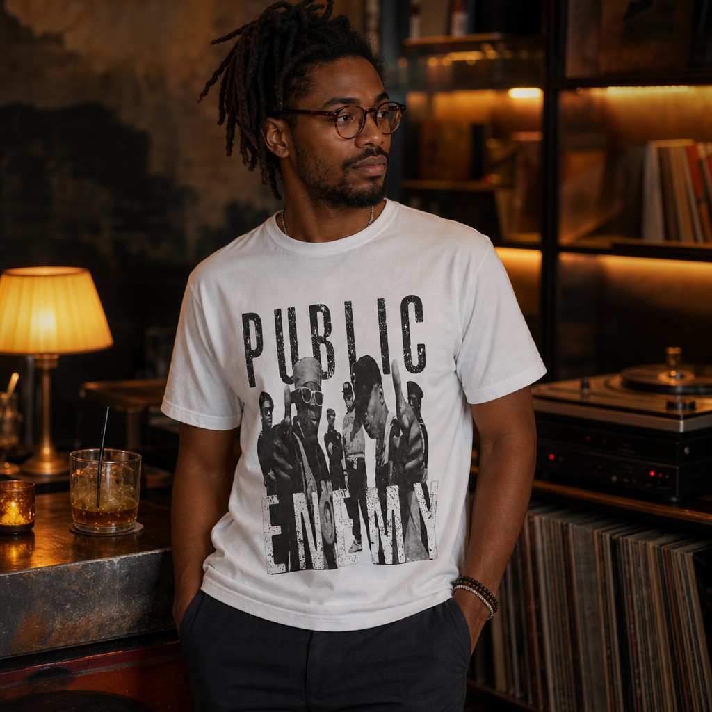 Model wearing the PE Retro Photo Hip Hop Rap Group T-Shirt
