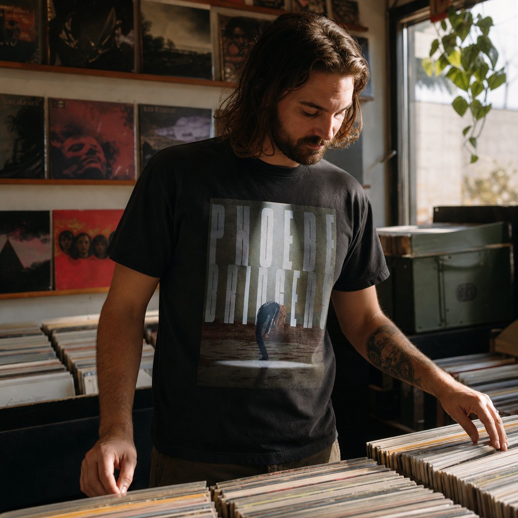 Model wearing the Phoebe Bridgers alien abduction T-Shirt