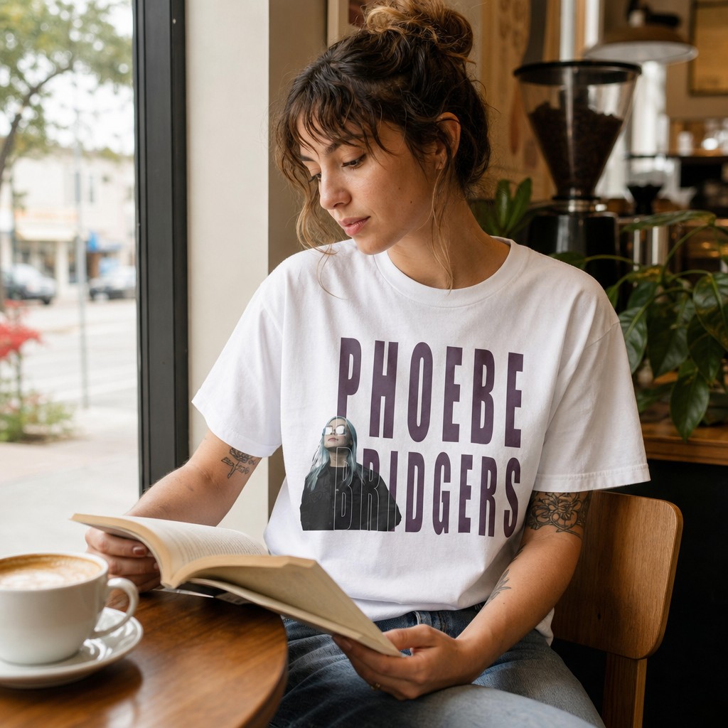 Model wearing the Phoebe Bridgers Portrait Tee | Band Name Graphic T-Shirt