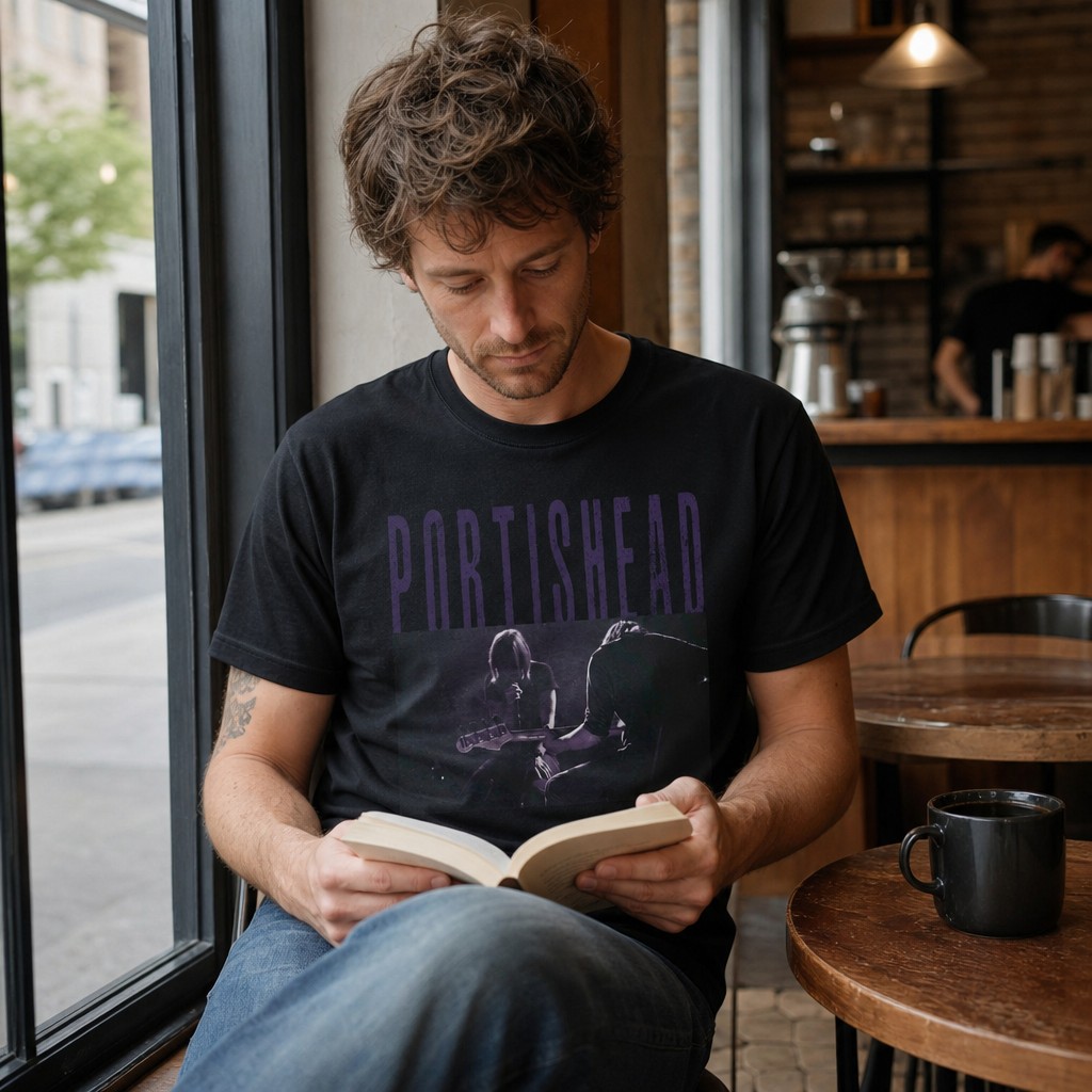 Model wearing the Portishead Live Photo T-Shirt — Trip-Hop Band Tee