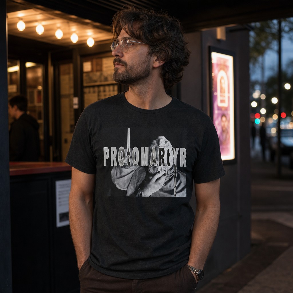 Model wearing the Protomartyr Indie Rock T-Shirt — Vintage Band Tee for Fans