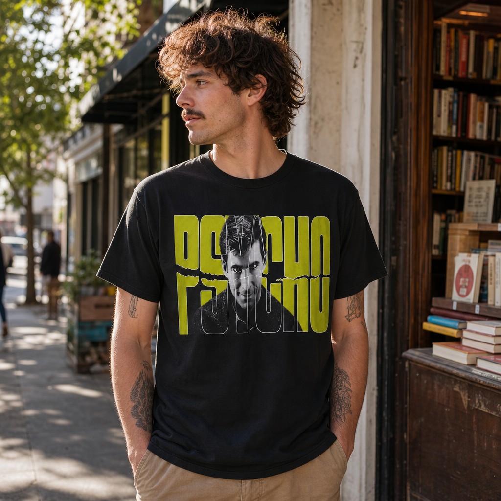 Model wearing the Psycho Norman Bates Portrait Graphic T-Shirt | Alfred Hitchcock Movie Yellow Block Lettering