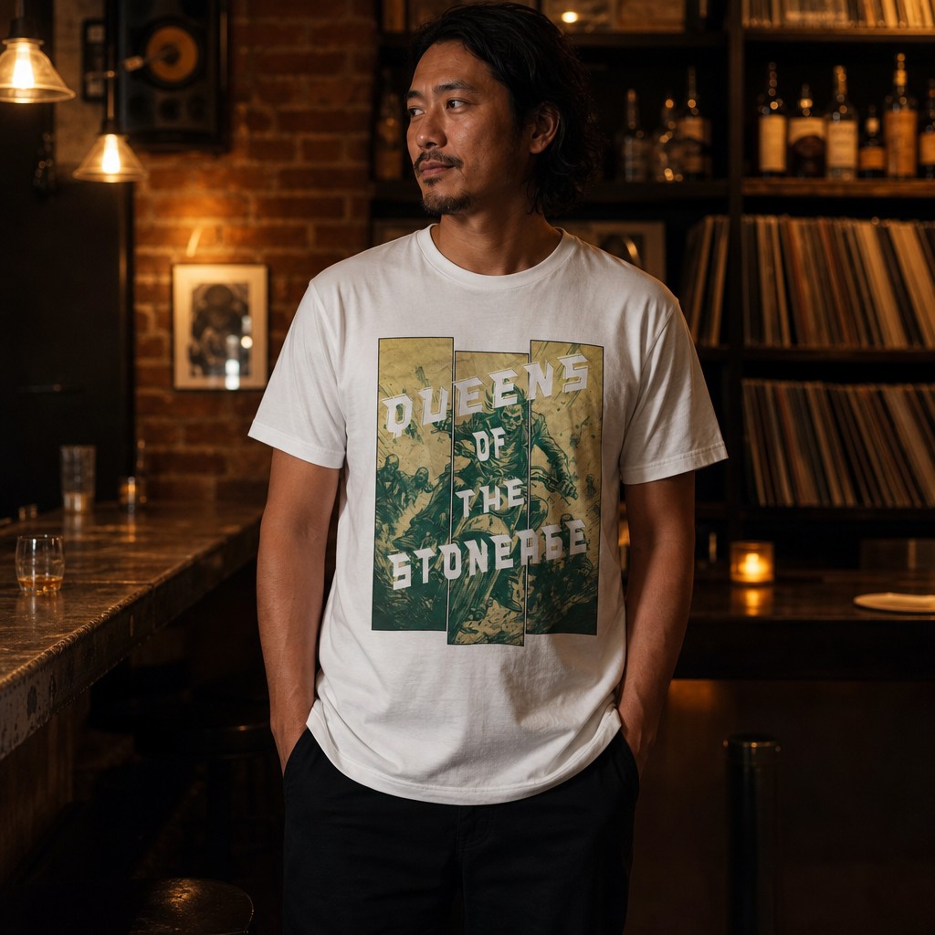 Model wearing the QOTSA T-Shirt | Rock Band Graphic Tee