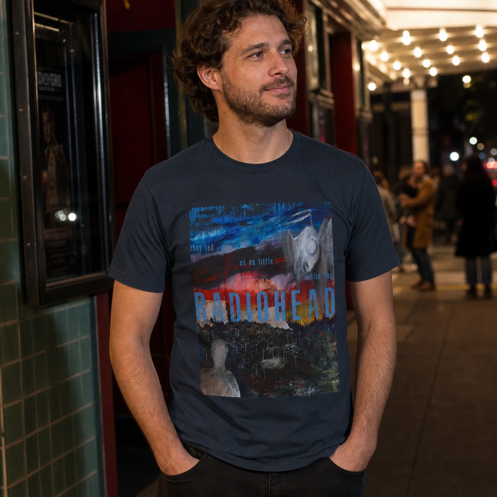 Model wearing the Radiohead art Tee | Band graphic shirt