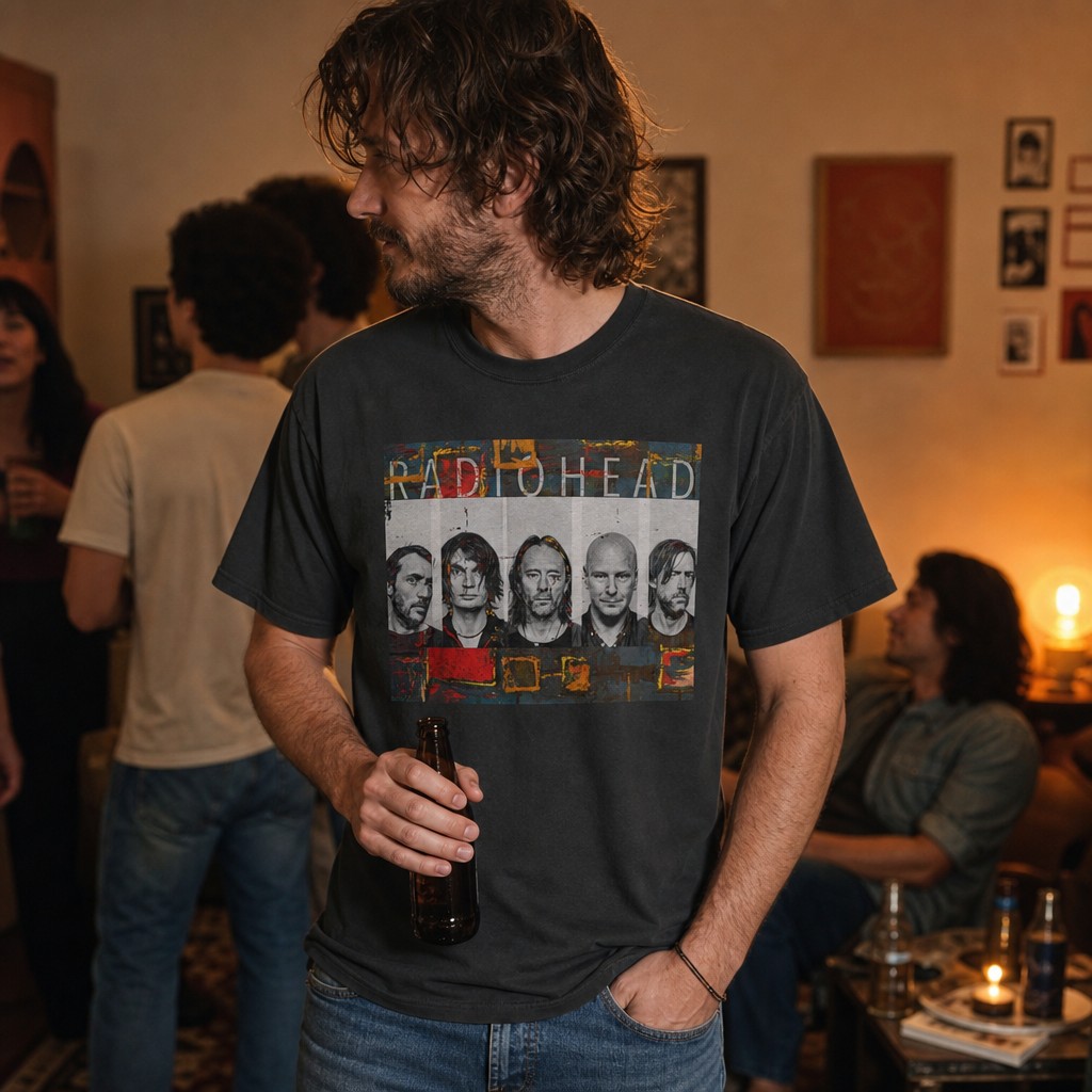Model wearing the Radiohead Band T-Shirt, Alternative Rock Music Tee, Unisex Crew Neck Top, Concert Merch, Festival Apparel