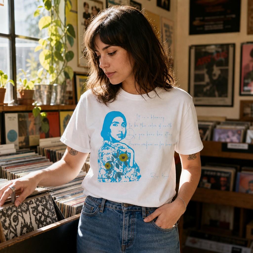 Model wearing the Rupi Kaur Blue Portrait with Sunflowers T-Shirt | Retro Pop Art PoetryTee
