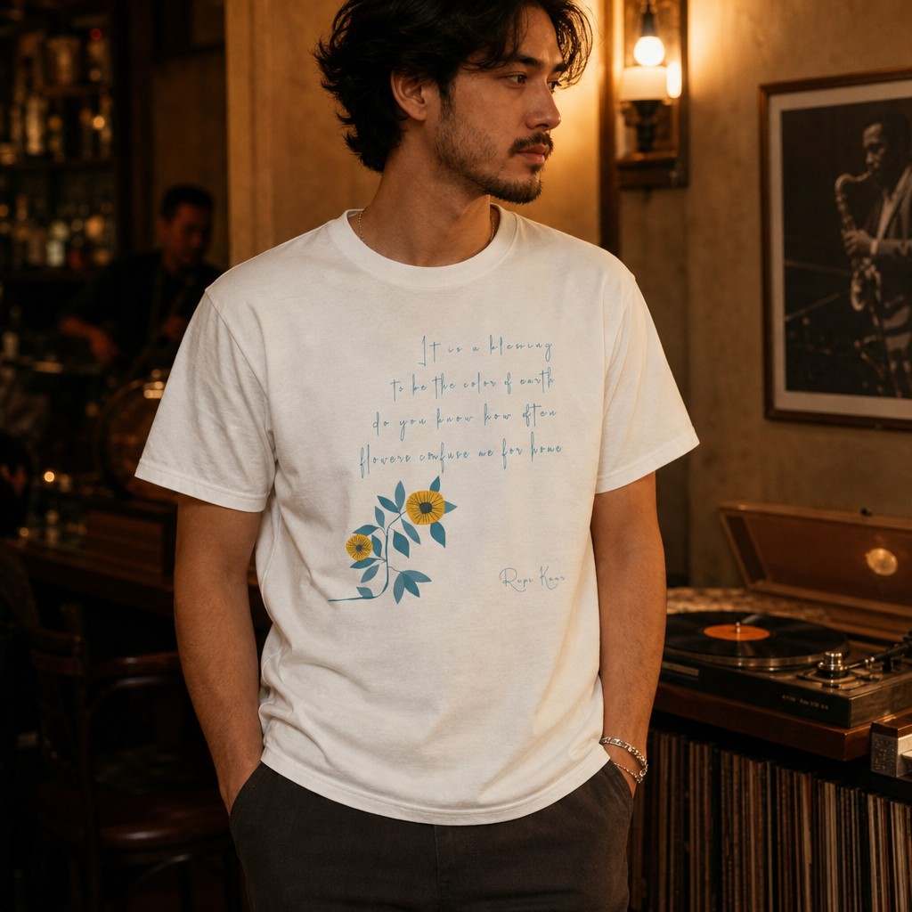 Model wearing the Rupi Kaur Sunflower Floral Quote Tee | Minimal Poetry Tee