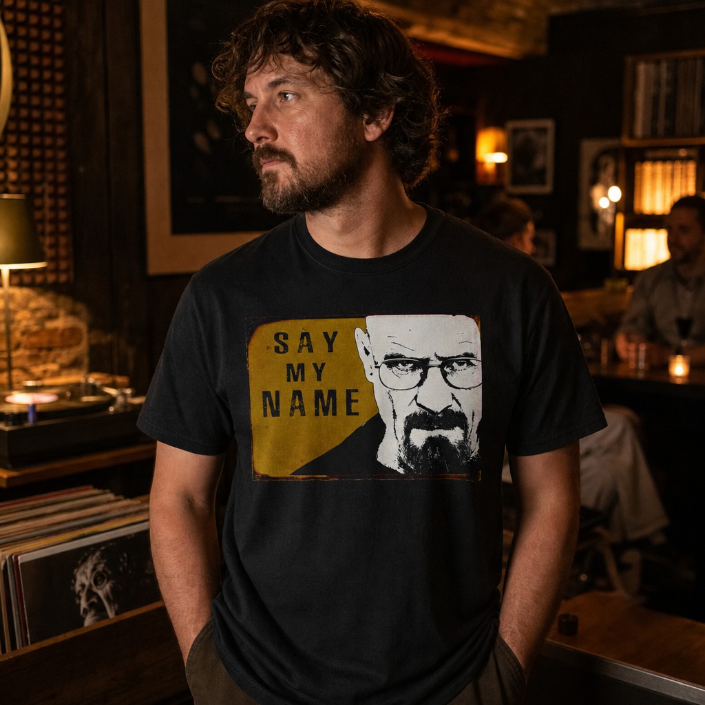 Model wearing the Say My Name Walter White Tee | Retro Breaking Bad Portrait