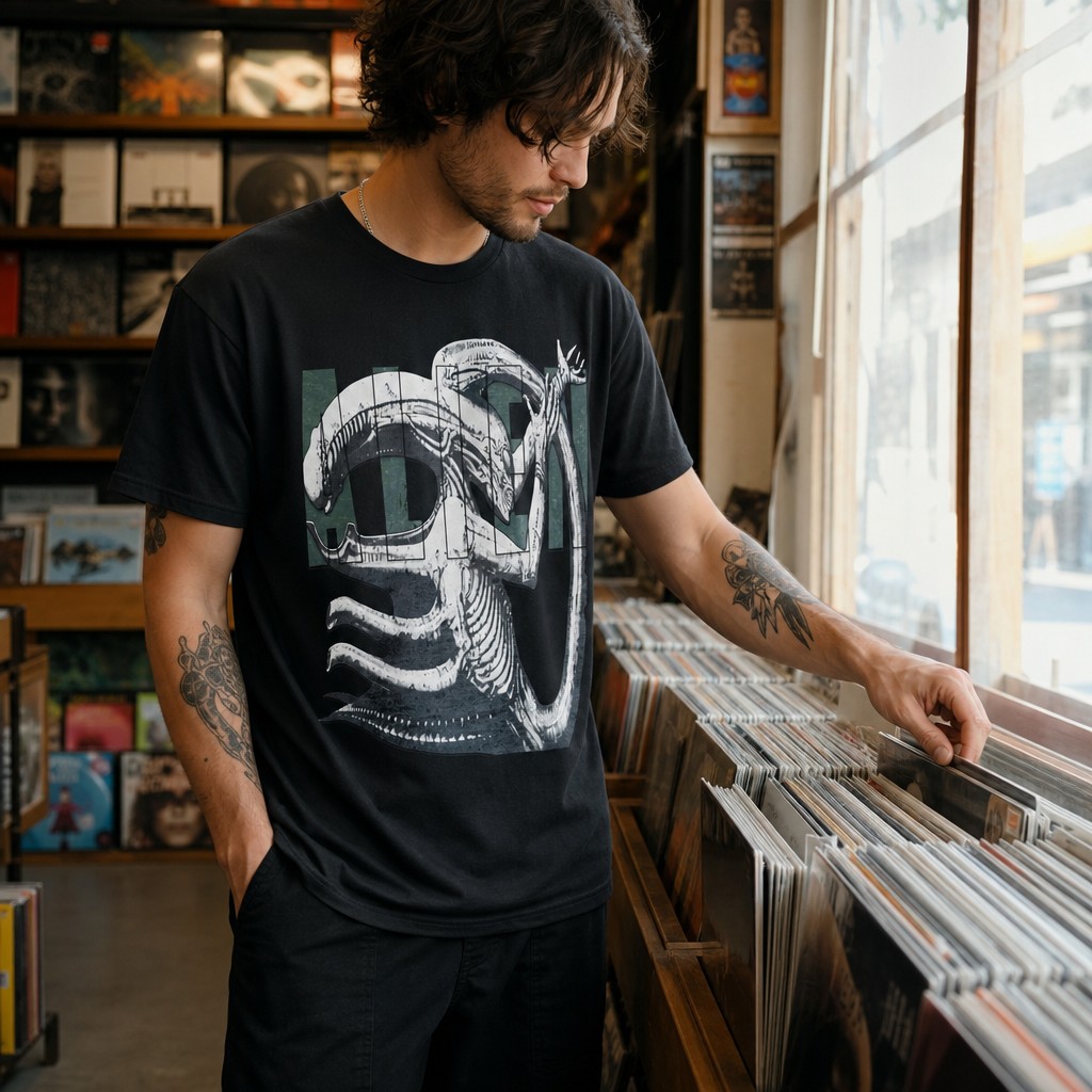 Model wearing the Sci-Fi Alien Illustration Tee | Alien Movie Graphic Shirt