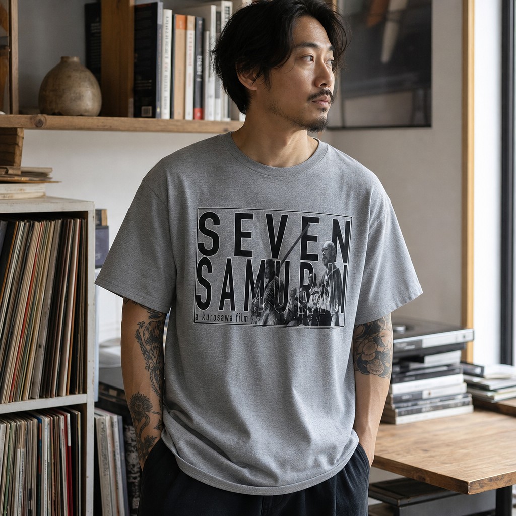 Model wearing the Seven Samurai movie graphic Tee | Classic Kurosawa poster design